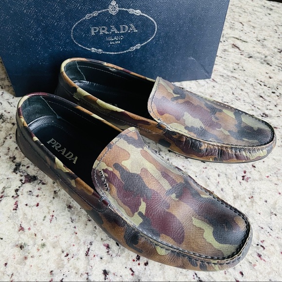 RUNWAY PRADA GREEN CAMO PRINT LEATHER CAMOUFLAGE SLOAFERS MENS SHOES (No Box) - Picture 2 of 7